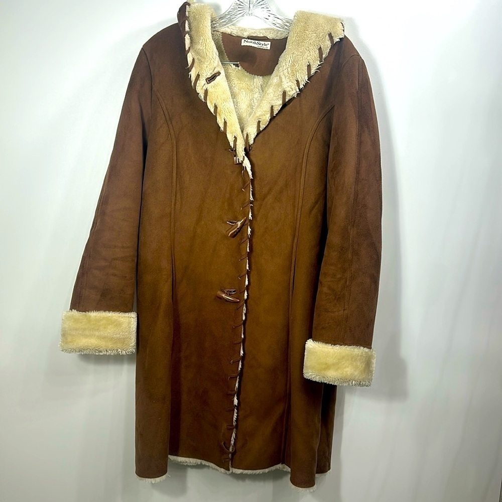 NorthStyle Penny Lane Faux Fur Faux suede long brown jacket size medium.